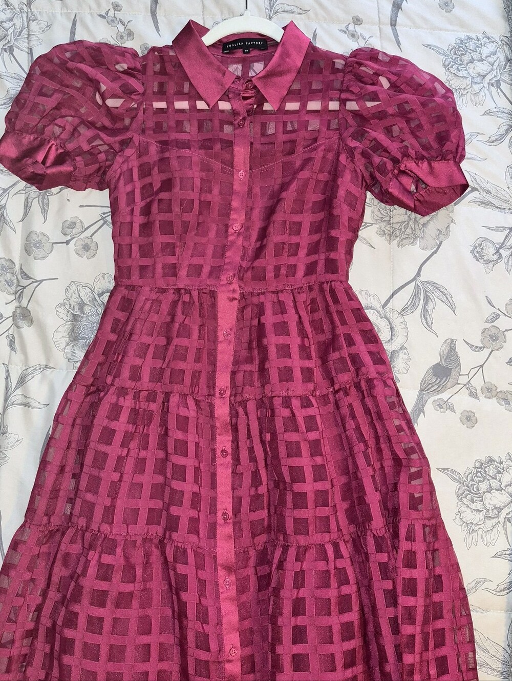 English Factory Burgundy Check Puff-Sleeve Maxi Dress